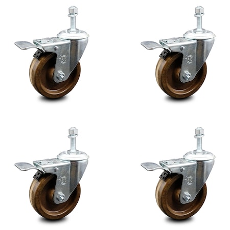 Service Caster 4 Inch High Temp Phenolic Swivel 3/8 Inch Stem Caster Set with Total Lock Brake SCC-TSTTL20S414-PHSHT-381615-4